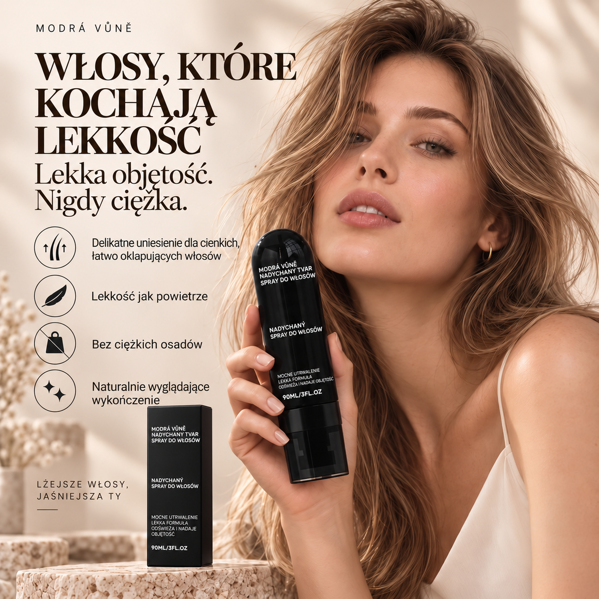 Vitalisys® Fluffy Hair Volumizing Spray – Lekki spray unoszący włosy u nasady i nadający im objętość oraz naturalną lekkość, o zapachu brzoskwini 💖