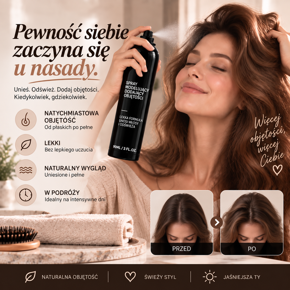 Vitalisys® Fluffy Hair Volumizing Spray – Lekki spray unoszący włosy u nasady i nadający im objętość oraz naturalną lekkość, o zapachu brzoskwini 💖