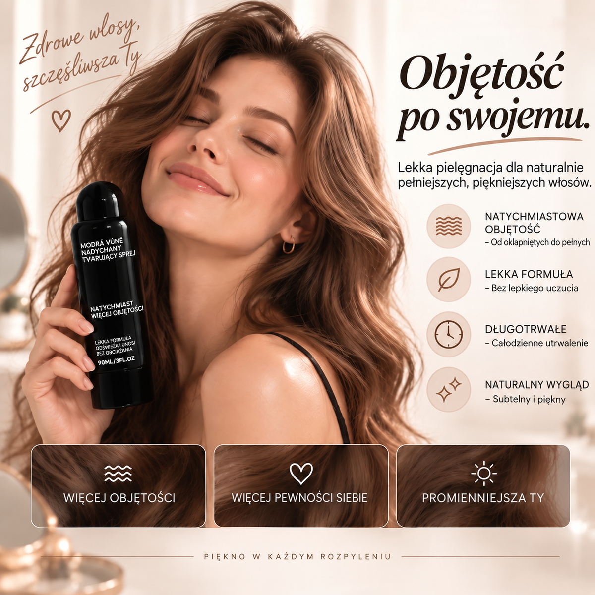 Vitalisys® Fluffy Hair Volumizing Spray – Lekki spray unoszący włosy u nasady i nadający im objętość oraz naturalną lekkość, o zapachu brzoskwini 💖