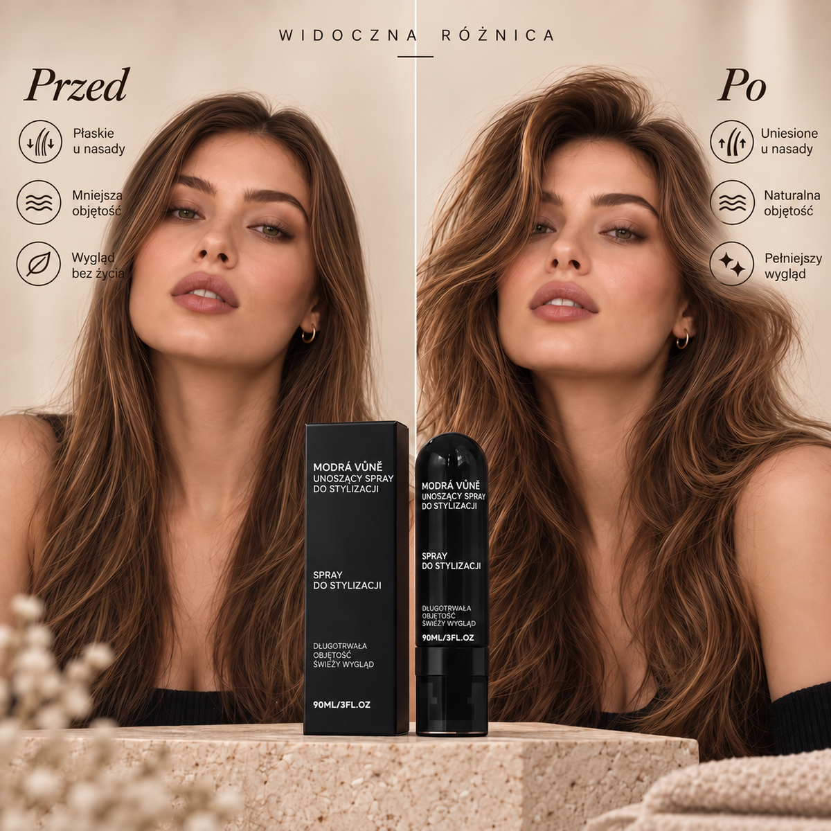 Vitalisys® Fluffy Hair Volumizing Spray – Lekki spray unoszący włosy u nasady i nadający im objętość oraz naturalną lekkość, o zapachu brzoskwini 💖