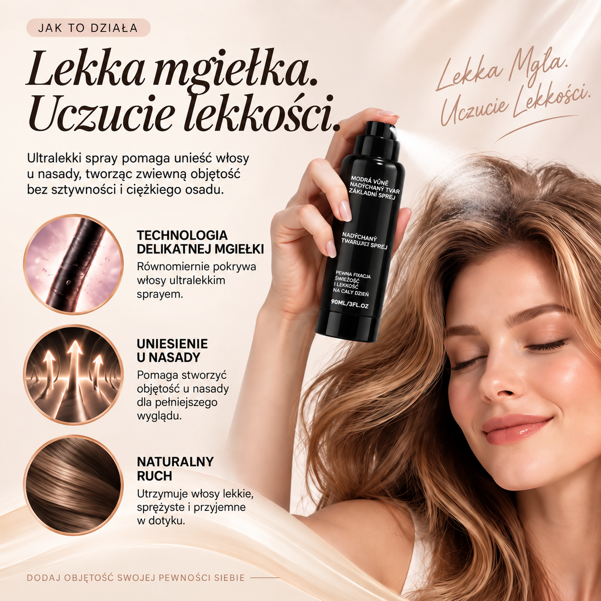 Vitalisys® Fluffy Hair Volumizing Spray – Lekki spray unoszący włosy u nasady i nadający im objętość oraz naturalną lekkość, o zapachu brzoskwini 💖
