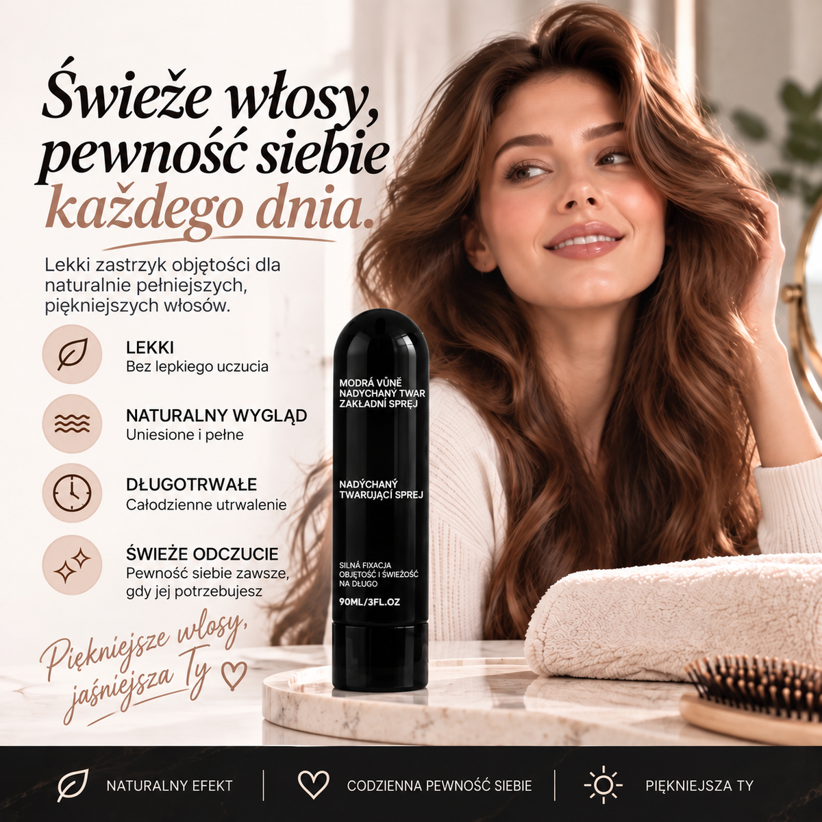 Vitalisys® Fluffy Hair Volumizing Spray – Lekki spray unoszący włosy u nasady i nadający im objętość oraz naturalną lekkość, o zapachu brzoskwini 💖
