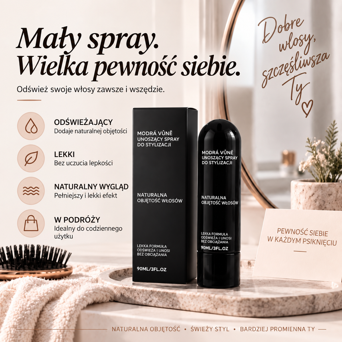 Vitalisys® Fluffy Hair Volumizing Spray – Lekki spray unoszący włosy u nasady i nadający im objętość oraz naturalną lekkość, o zapachu brzoskwini 💖